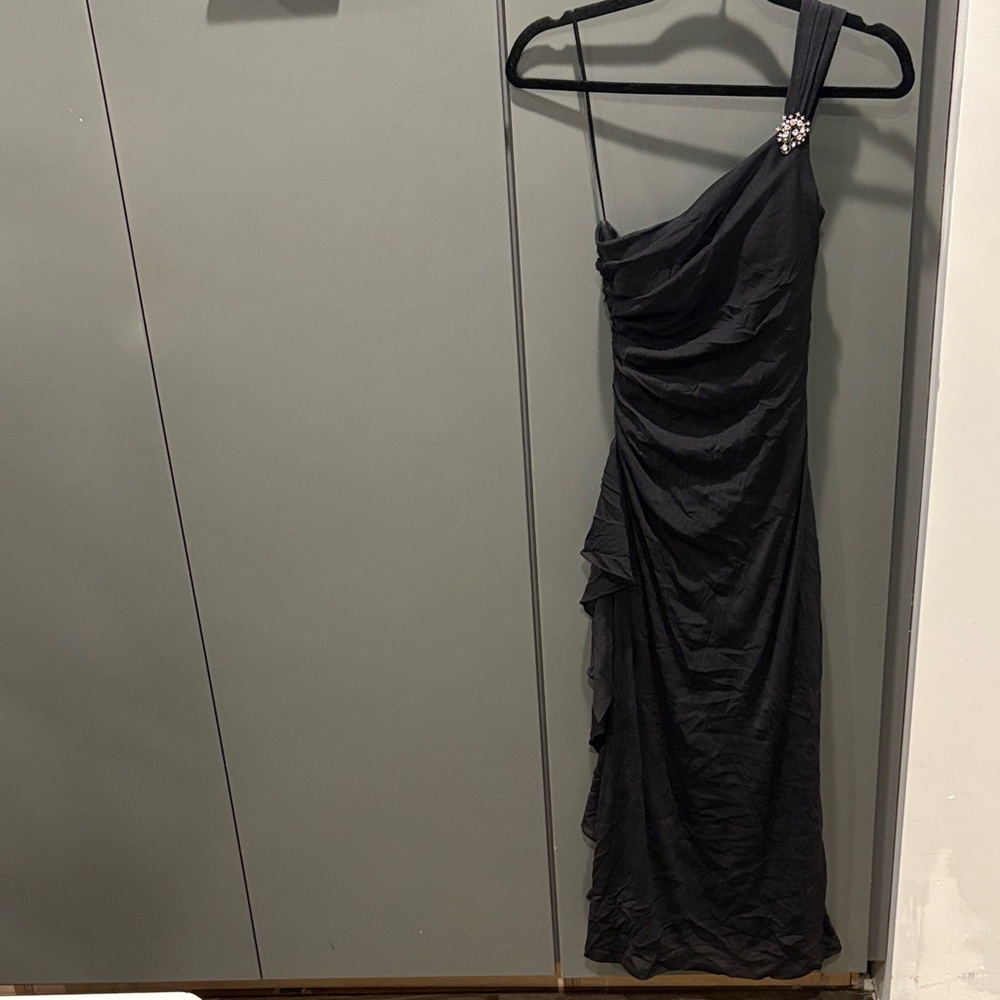 Signature by Sangria Black One-Shoulder Dress with Embellishment